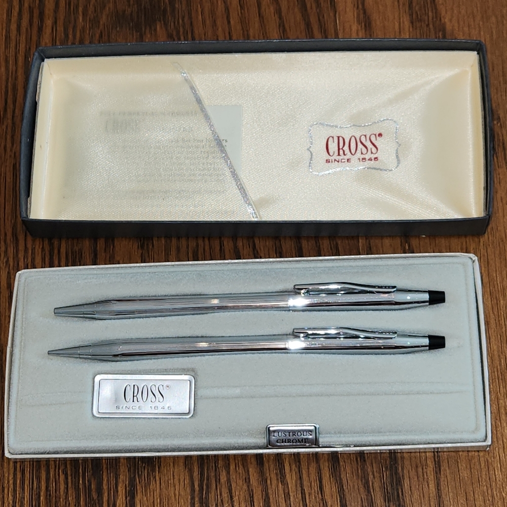 Vintage In New Condition Cross Lusturous Chrome 3501  Ball Point Pen And Pencil